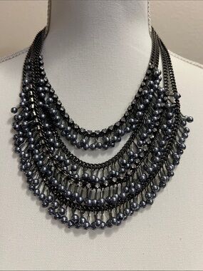 Simply Vera Wang Gun Metal Blue Faux Pearls And Rhinestones Bib Necklace